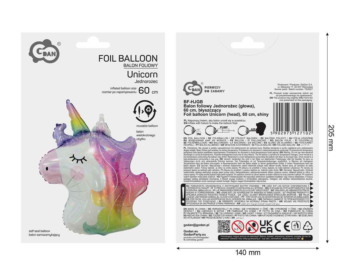 Foil balloon Unicorn (head), 60 cm, shiny